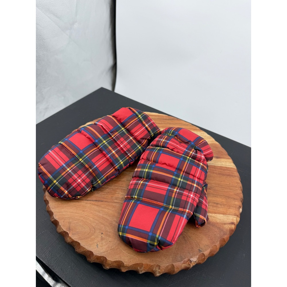 J. Crew Tartan Plaid Puffer Mittens Womens OS Red Quilted Fleece Lined Winter